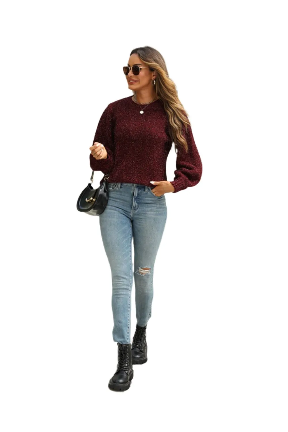 TEEK - Tied Heathered Round Neck Long Sleeve Sweater