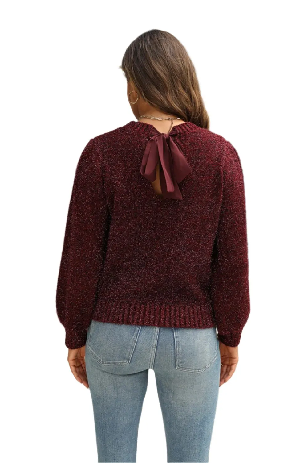 TEEK - Tied Heathered Round Neck Long Sleeve Sweater