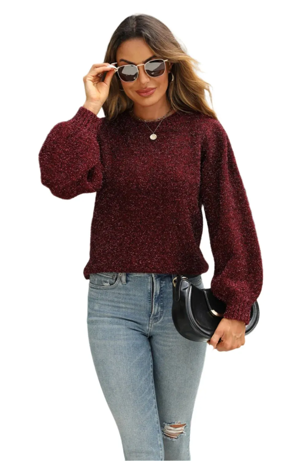 TEEK - Tied Heathered Round Neck Long Sleeve Sweater