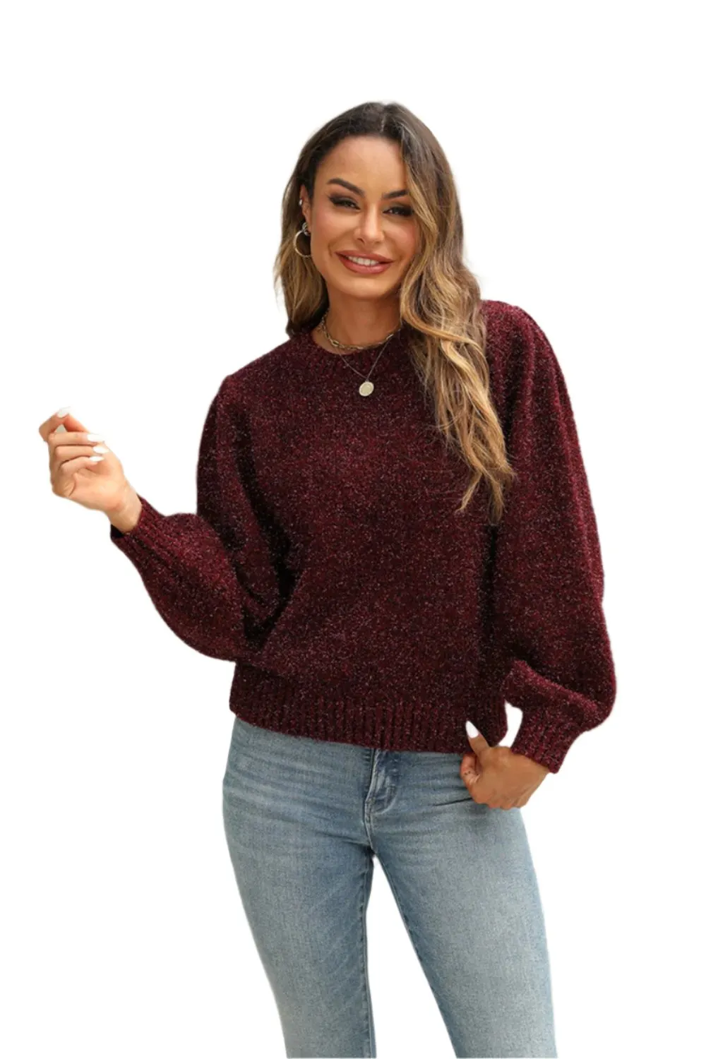 TEEK - Tied Heathered Round Neck Long Sleeve Sweater