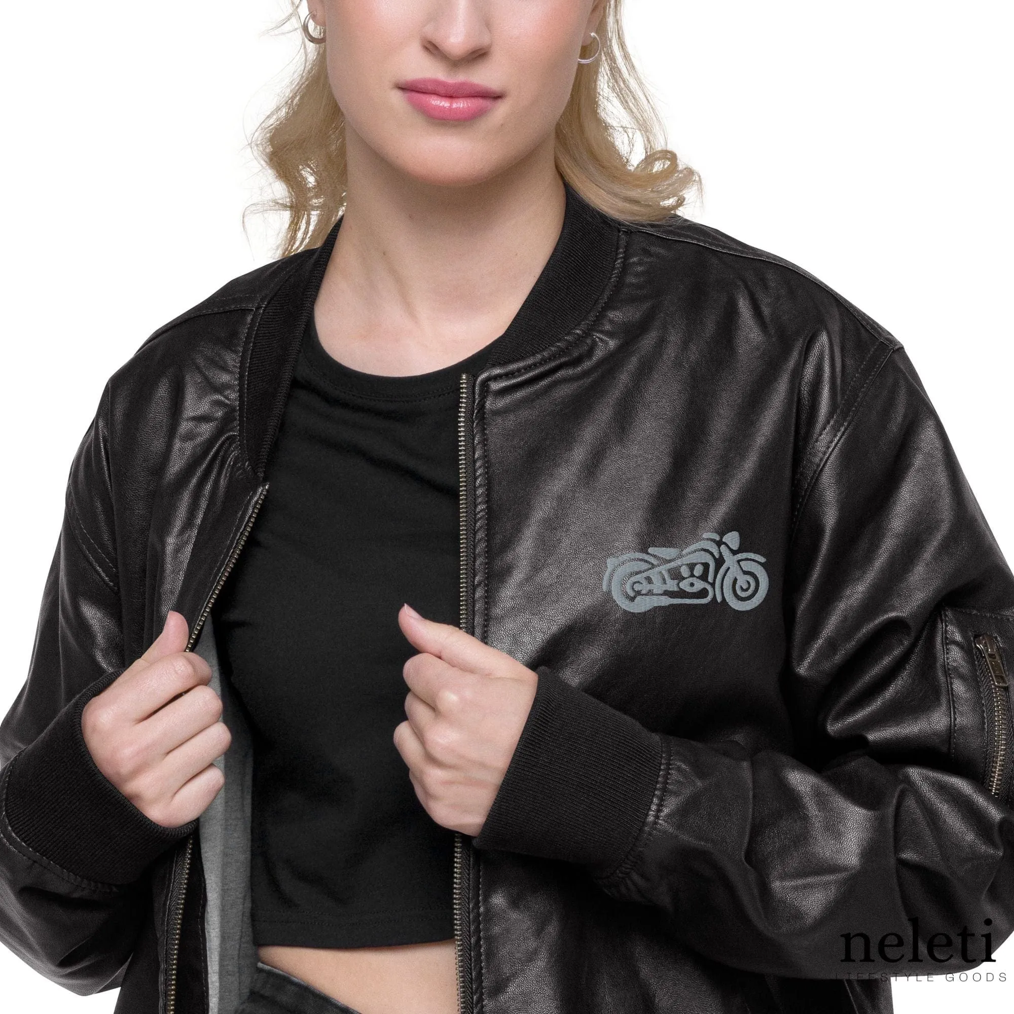 Unisex Leather Bomber Jacket with Embroidered Motorcycles: Timeless Edge