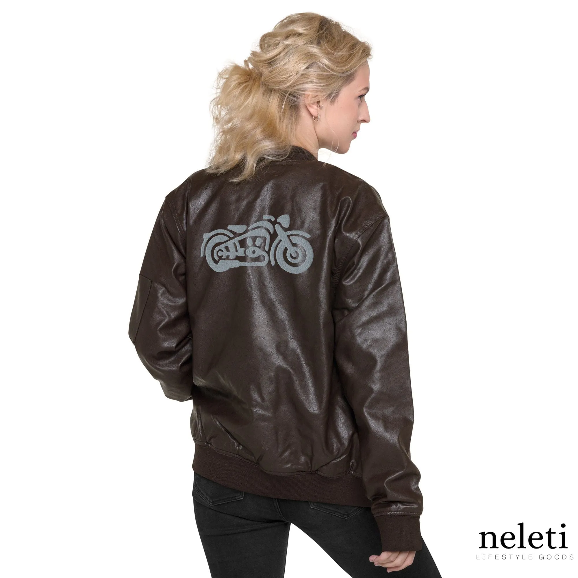 Unisex Leather Bomber Jacket with Embroidered Motorcycles: Timeless Edge