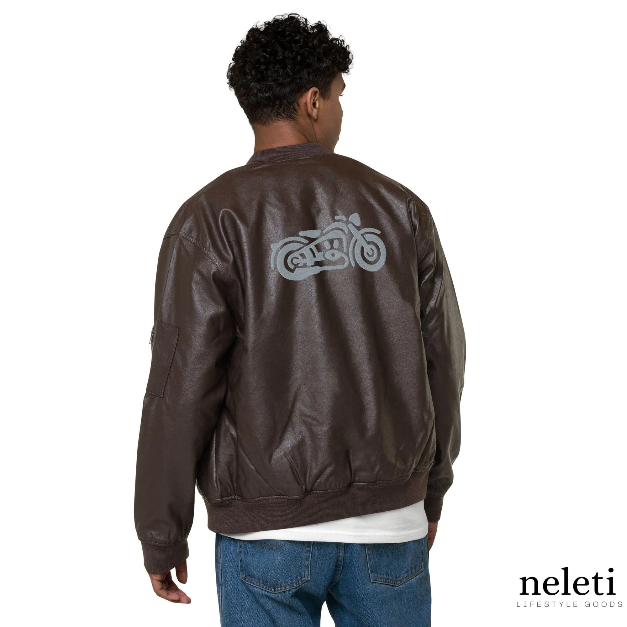 Unisex Leather Bomber Jacket with Embroidered Motorcycles: Timeless Edge