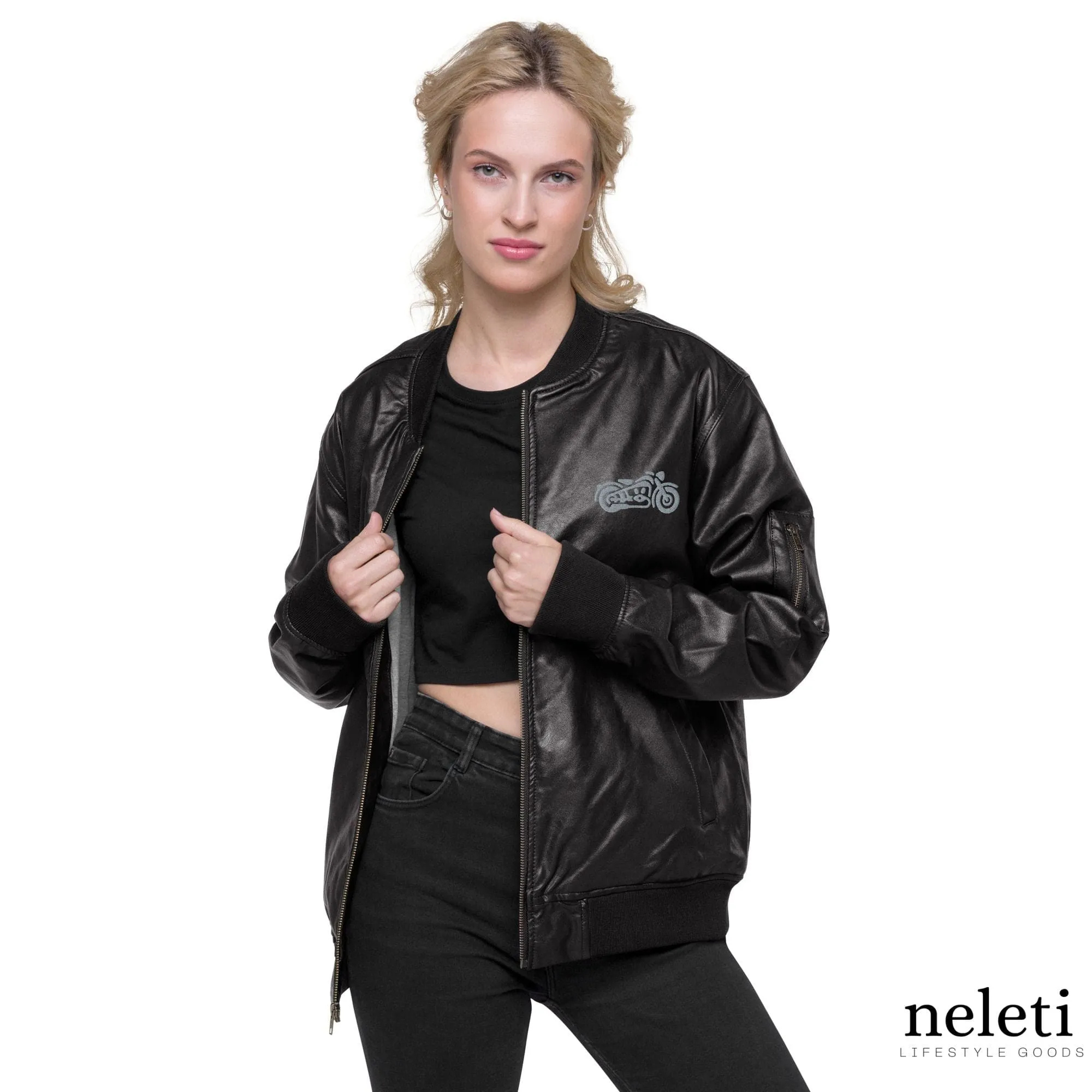 Unisex Leather Bomber Jacket with Embroidered Motorcycles: Timeless Edge