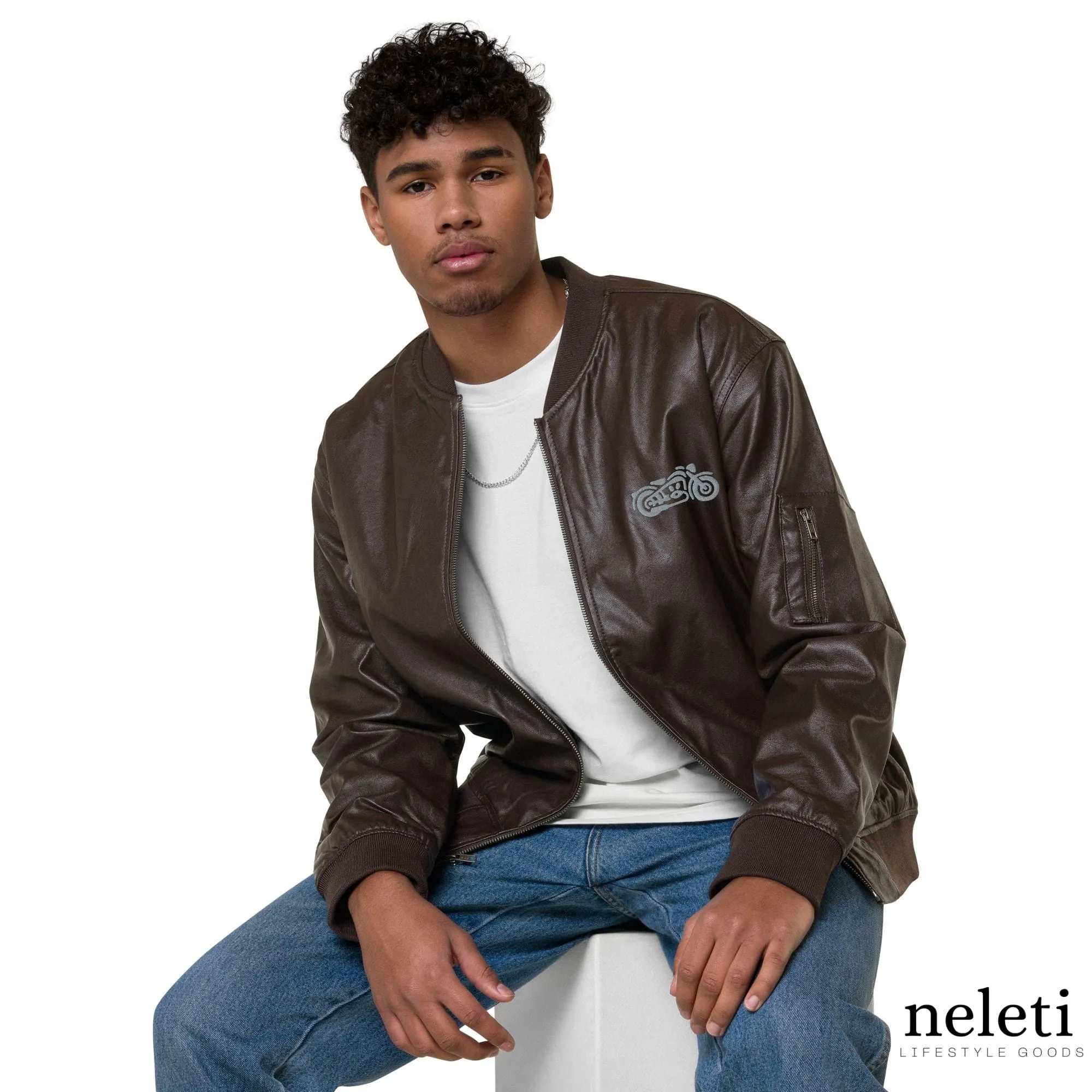 Unisex Leather Bomber Jacket with Embroidered Motorcycles: Timeless Edge