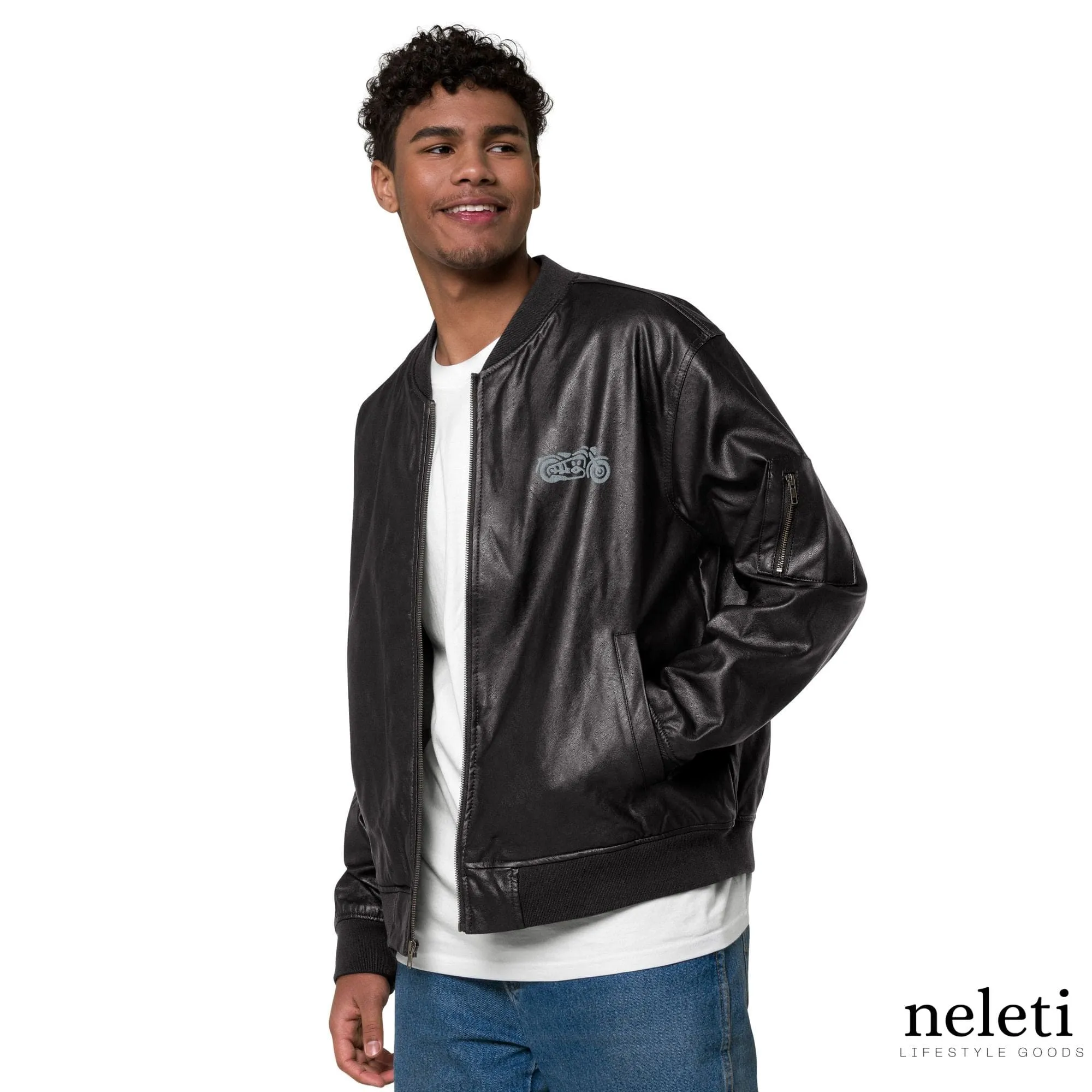 Unisex Leather Bomber Jacket with Embroidered Motorcycles: Timeless Edge