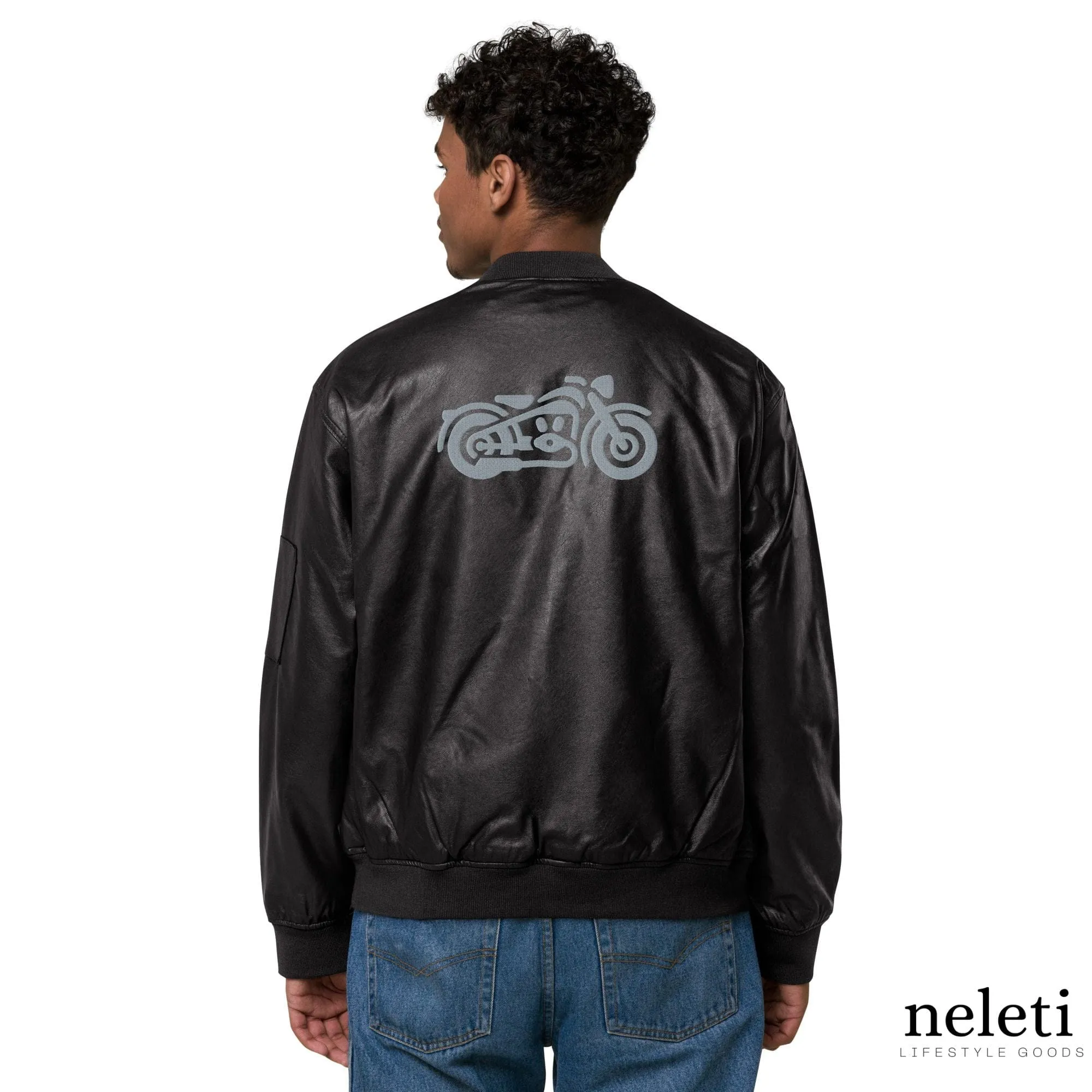 Unisex Leather Bomber Jacket with Embroidered Motorcycles: Timeless Edge