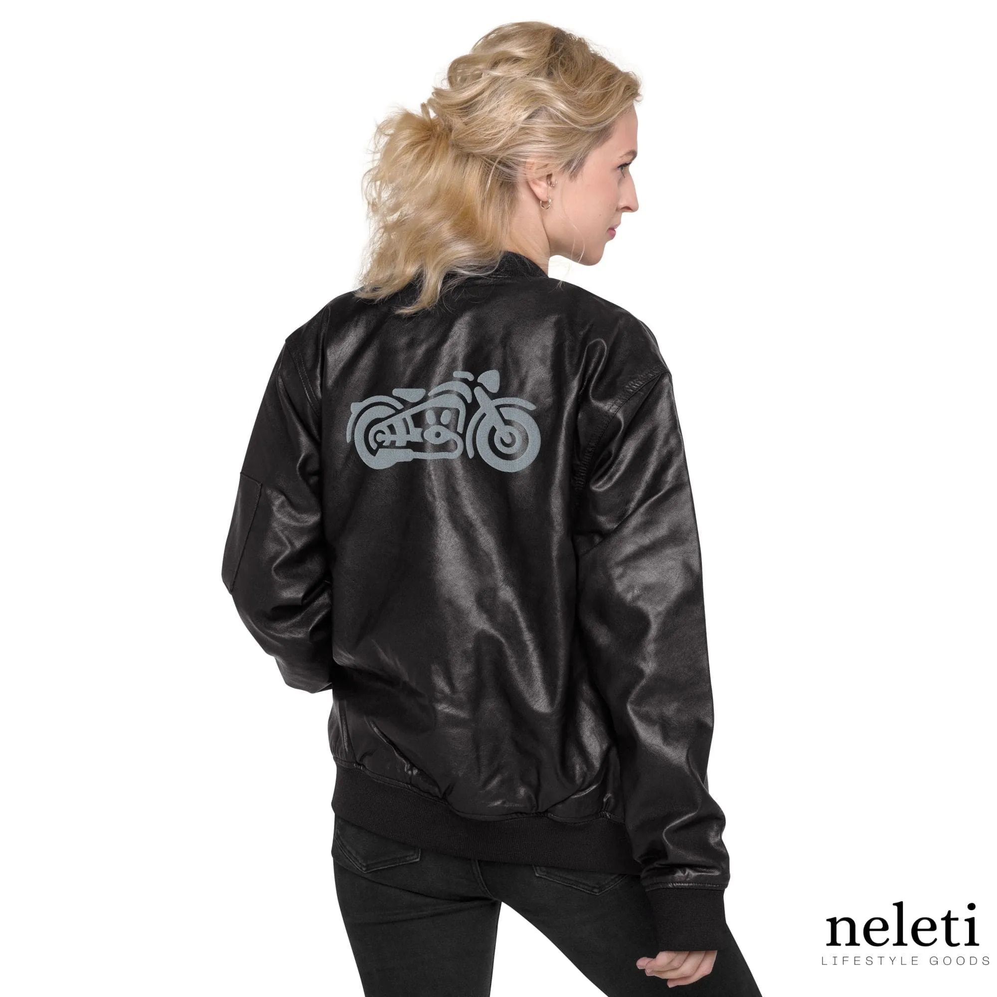 Unisex Leather Bomber Jacket with Embroidered Motorcycles: Timeless Edge