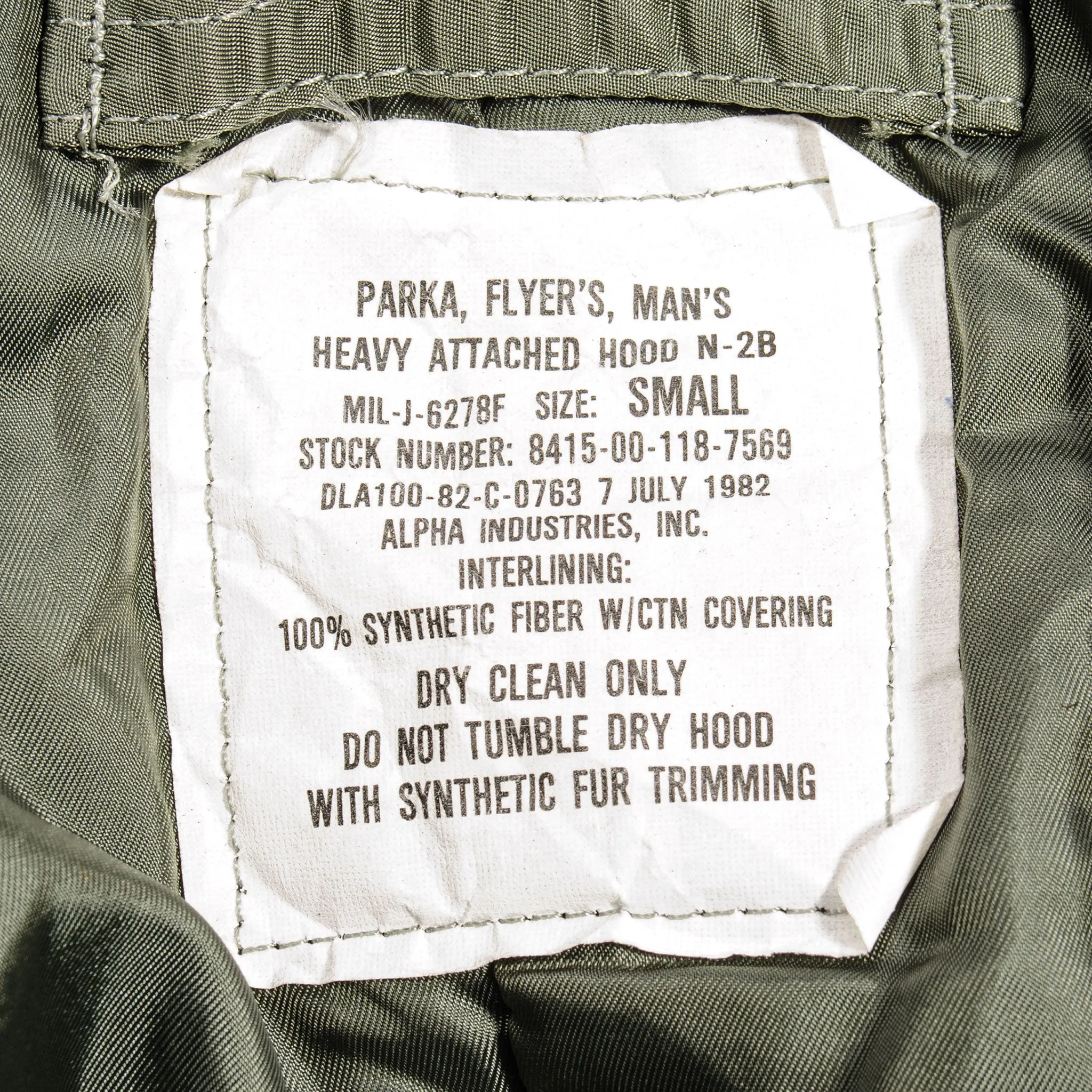 US ARMY PARKA FLIGHT JACKET N-2B 1982 SIZE SMALL