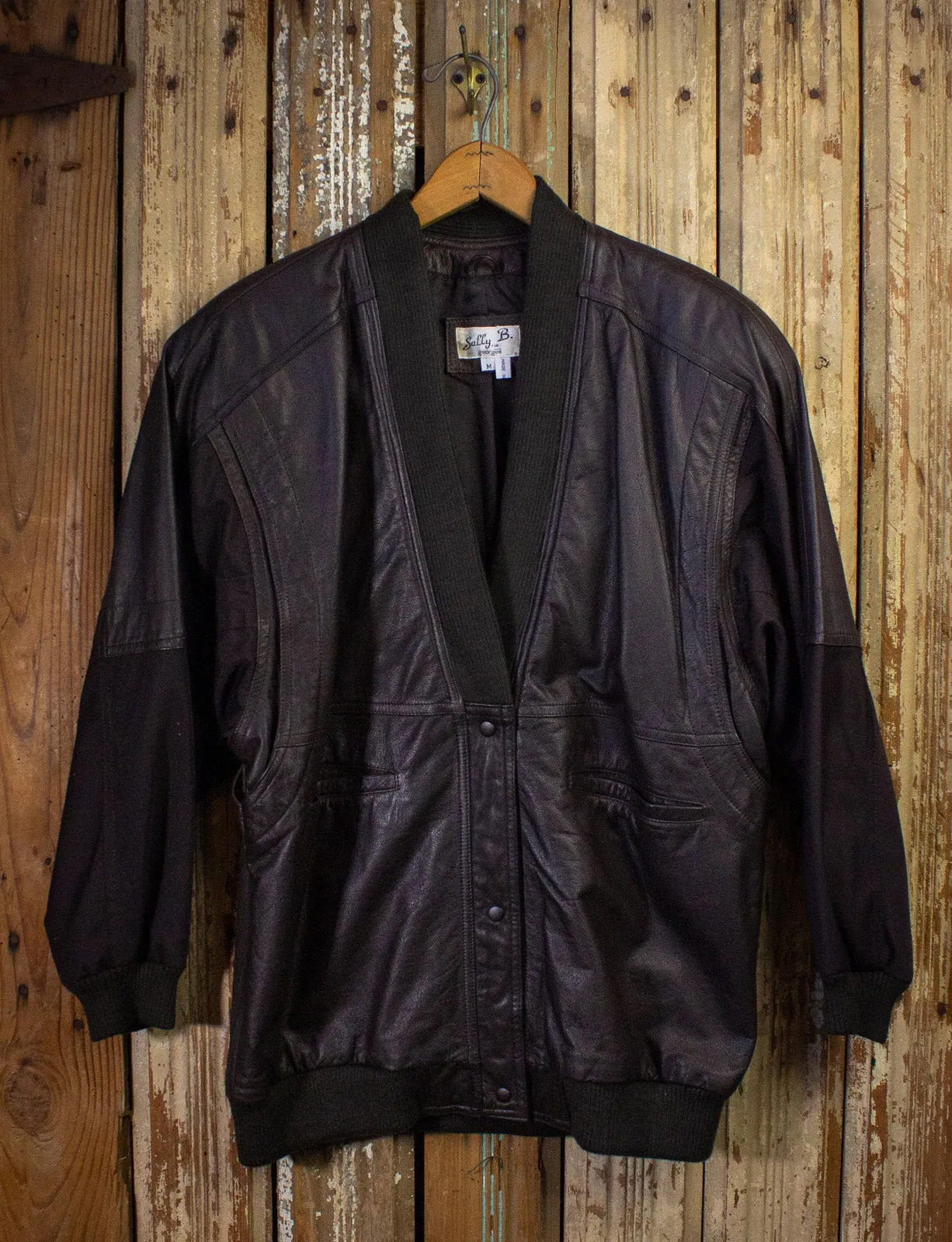 Vintage Sally B Brown Leather Bomber Jacket 80s Medium