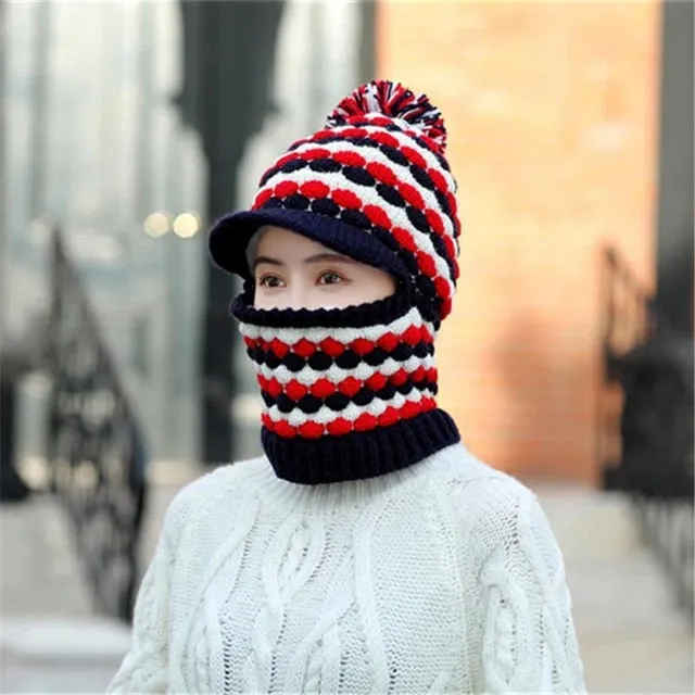 Windproof Keep Thick Pompoms Balaclava Outdoor Knitted Woolen Warm Winter Cap