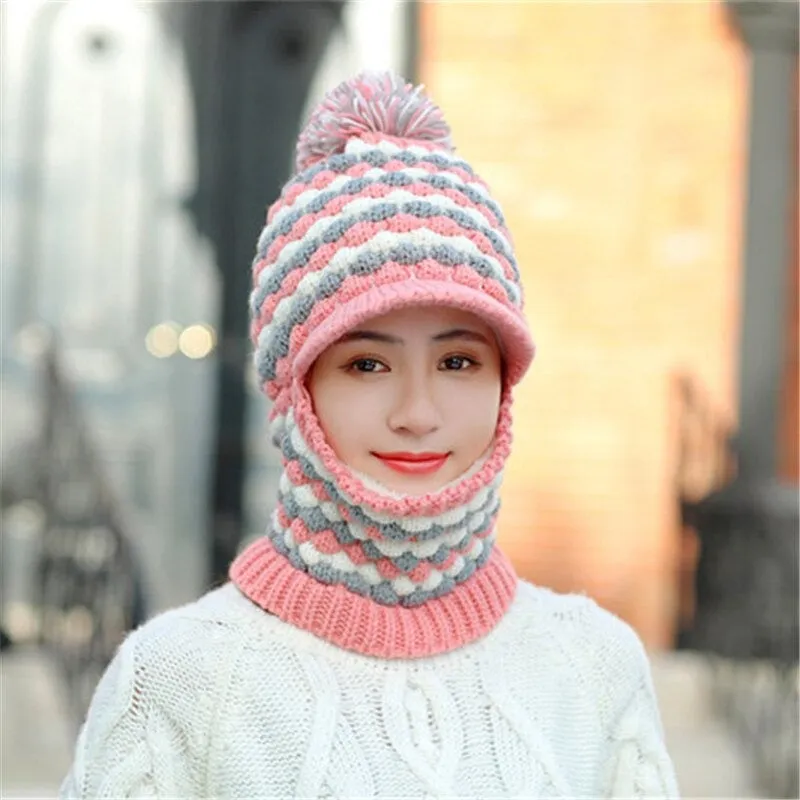 Windproof Keep Thick Pompoms Balaclava Outdoor Knitted Woolen Warm Winter Cap