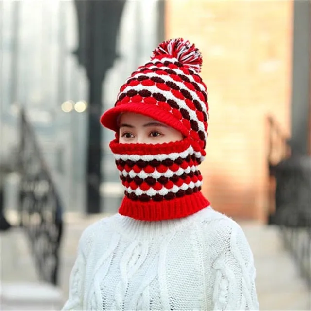 Windproof Keep Thick Pompoms Balaclava Outdoor Knitted Woolen Warm Winter Cap