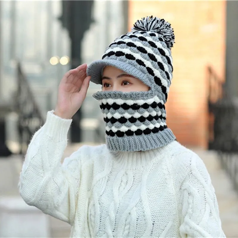 Windproof Keep Thick Pompoms Balaclava Outdoor Knitted Woolen Warm Winter Cap