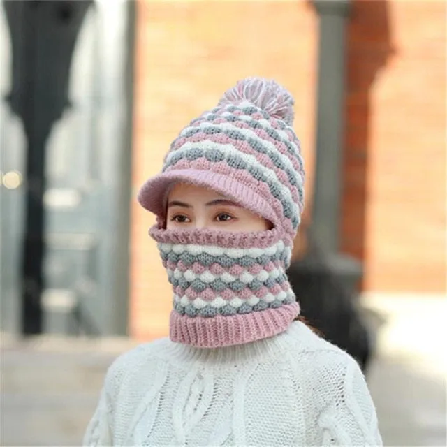 Windproof Keep Thick Pompoms Balaclava Outdoor Knitted Woolen Warm Winter Cap