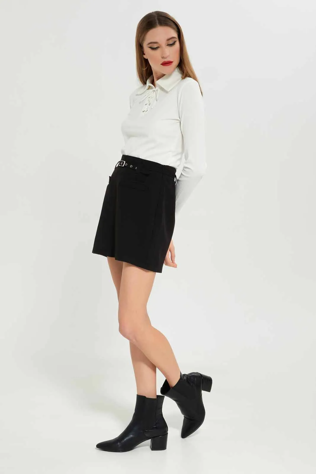 Women Black Belted Skirt