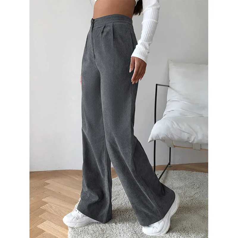 Women High Waist Corduroy Pants Wide Leg Straight Loose Trousers