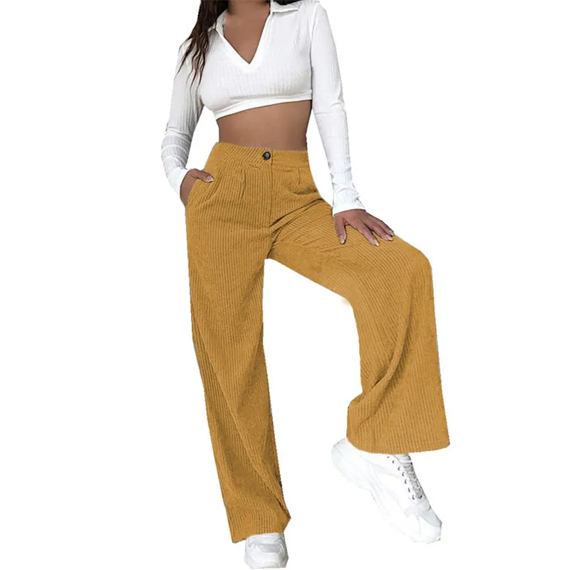 Women High Waist Corduroy Pants Wide Leg Straight Loose Trousers