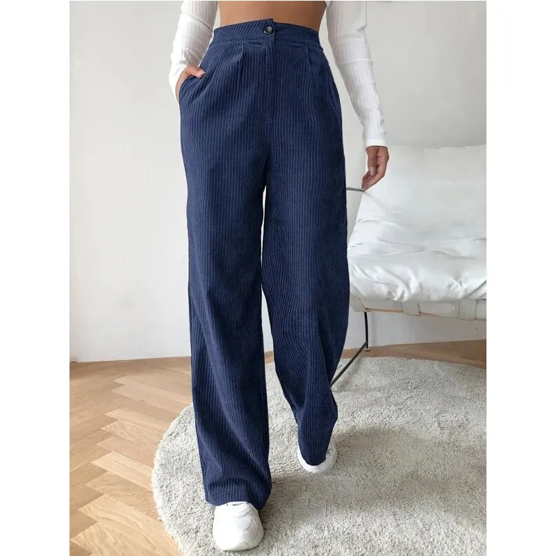 Women High Waist Corduroy Pants Wide Leg Straight Loose Trousers