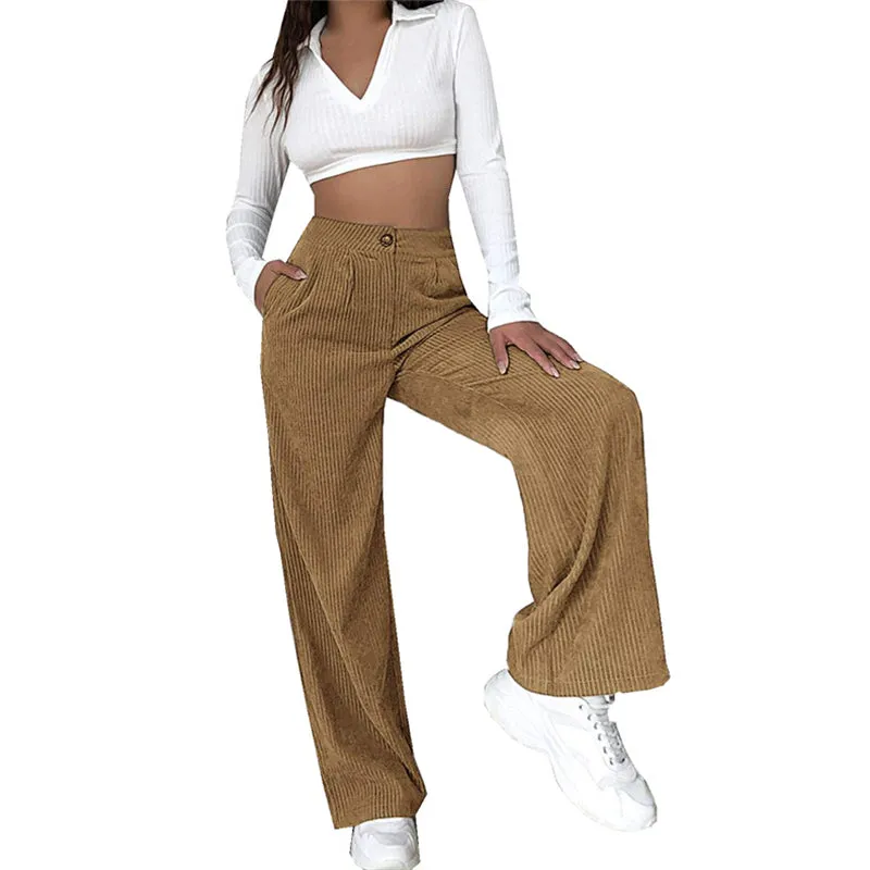 Women High Waist Corduroy Pants Wide Leg Straight Loose Trousers