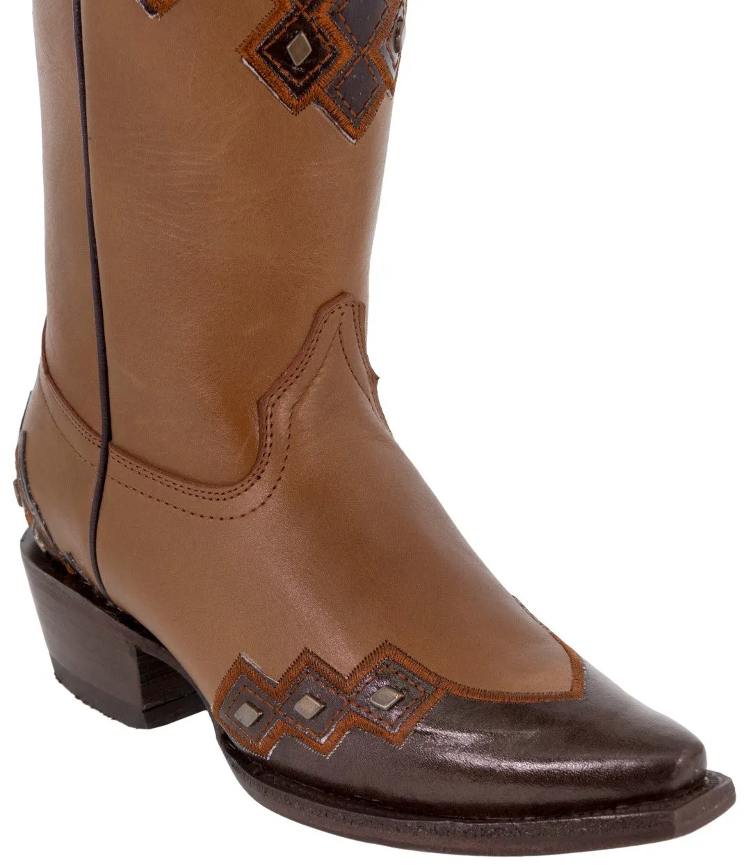 Womens Argyle Cognac Cowboy Boots Studded Leather - Snip Toe