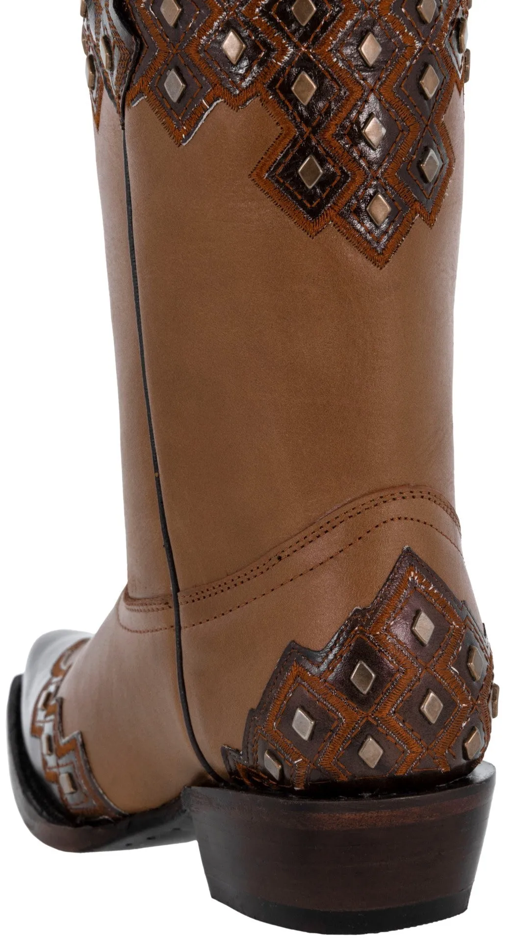 Womens Argyle Cognac Cowboy Boots Studded Leather - Snip Toe