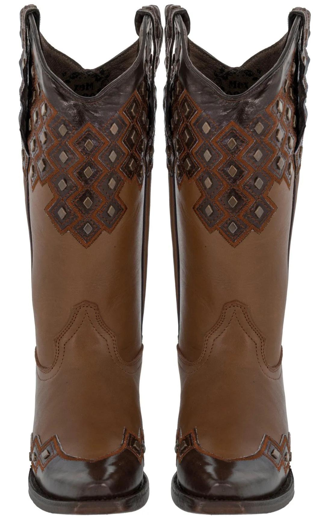 Womens Argyle Cognac Cowboy Boots Studded Leather - Snip Toe