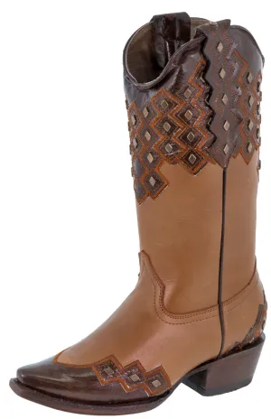 Womens Argyle Cognac Cowboy Boots Studded Leather - Snip Toe