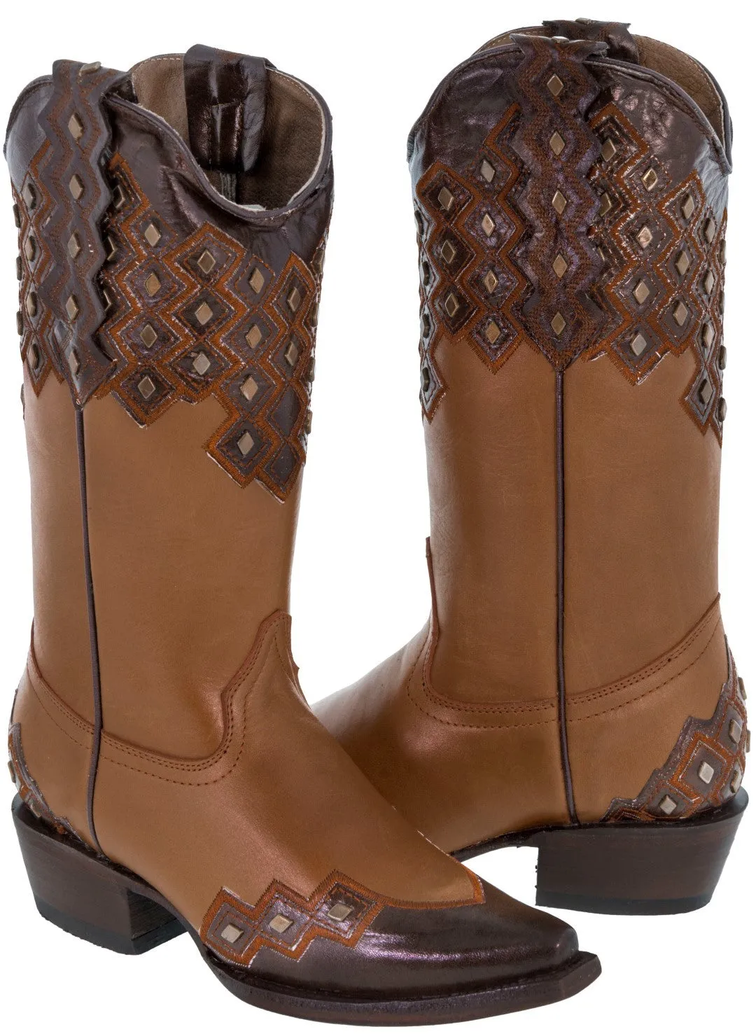 Womens Argyle Cognac Cowboy Boots Studded Leather - Snip Toe