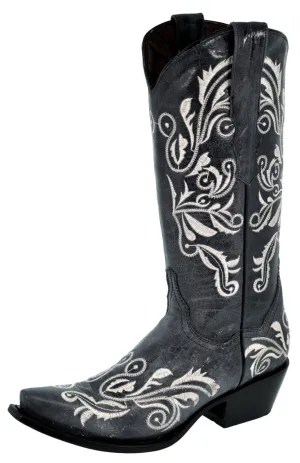 Womens Granada Denim Blue Boots Swan Embroidered - Snip Toe