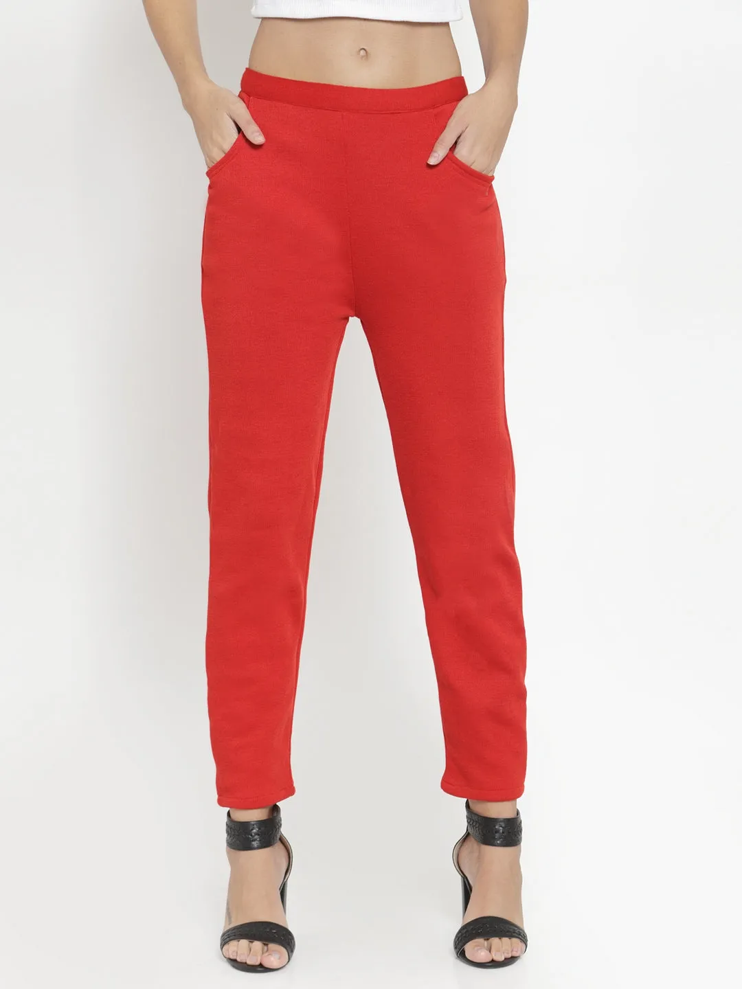 Women'S Red Woolen Solid Pant